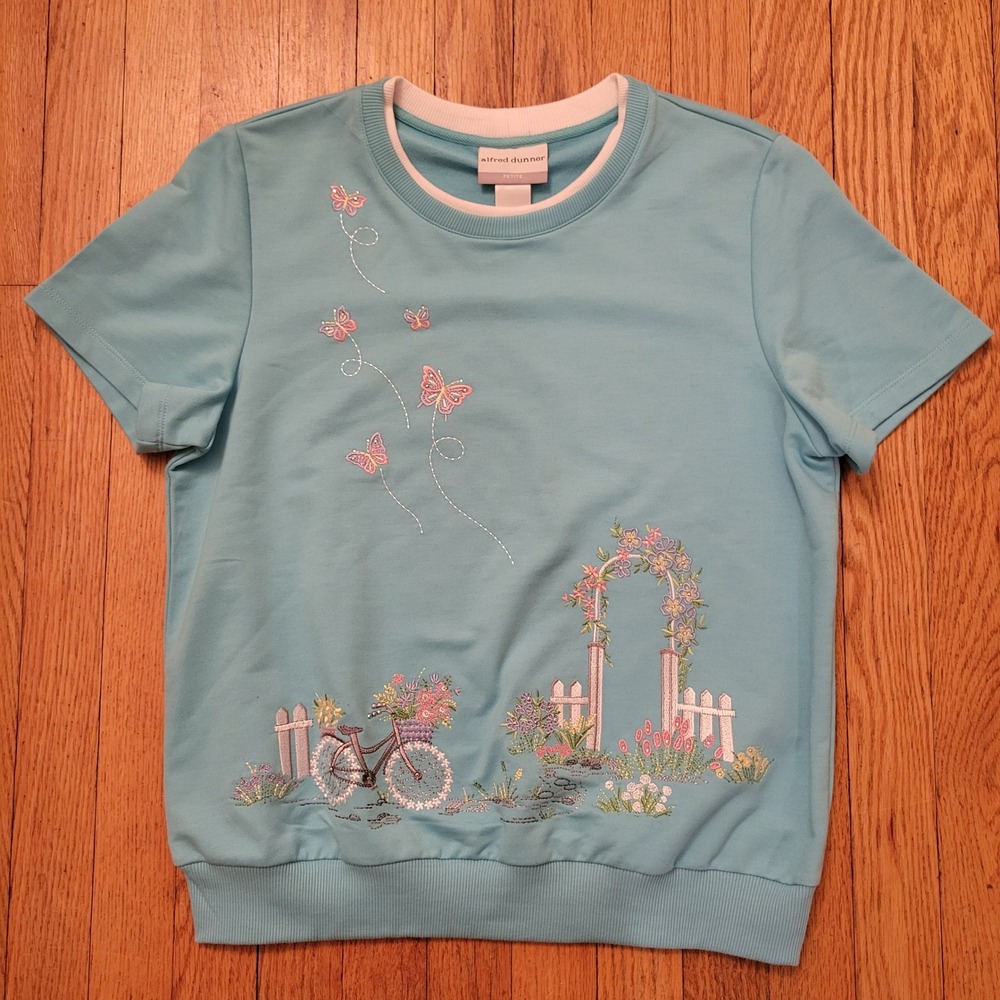 Alfred‎ Dunner Aqua Embroidered Garden Butterfly Sweatshirt PS Coastal Grandma